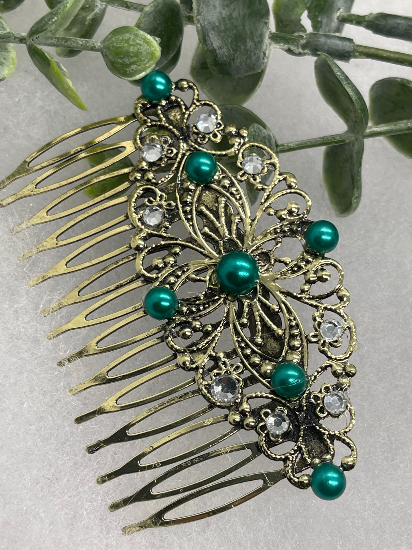 Green emerald  crystal Pearl vintage style silver tone side comb hair accessory accessories gift birthday