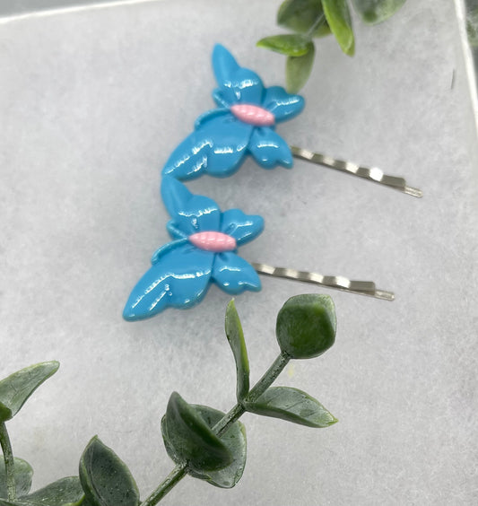 2 pc baby Blue Butterfly hair pins approximately 2.0”silver tone formal hair accessory gift wedding bridal Hair accessory #010