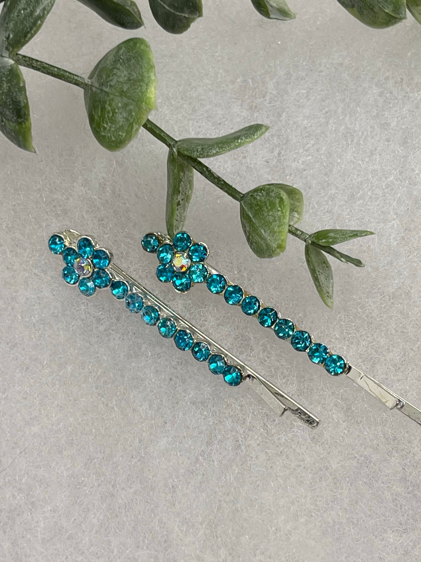 Teal crystal rhinestone approximately 2.0” silver tone hair pins 2 pc set wedding bridal shower engagement formal princess accessory accessories