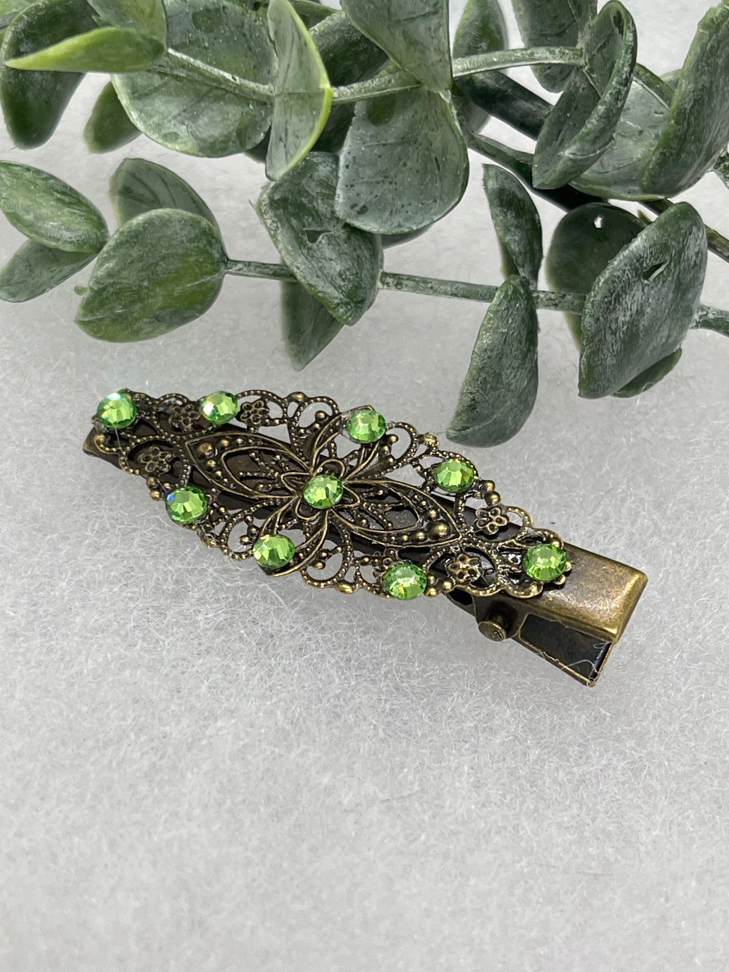 Green Crystal vintage antique style leaf hair alligator clip approximately 2.5” long Handmade hair accessory bridal wedding Retro