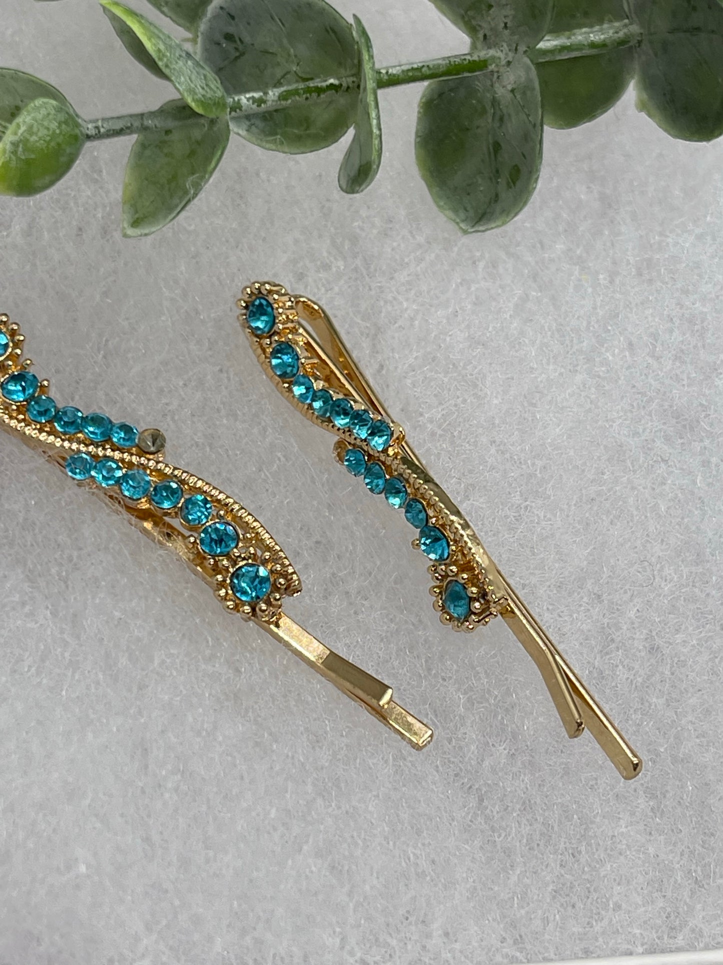 Teal crystal rhinestone approximately 2.0” gold tone hair pins 2 pc set wedding bridal shower engagement formal princess accessory accessories