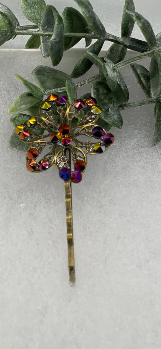 Bronze Rainbow crystal Antique vintage Style approximately 3.0” flower hair pin wedding engagement bride princess formal hair accessories
