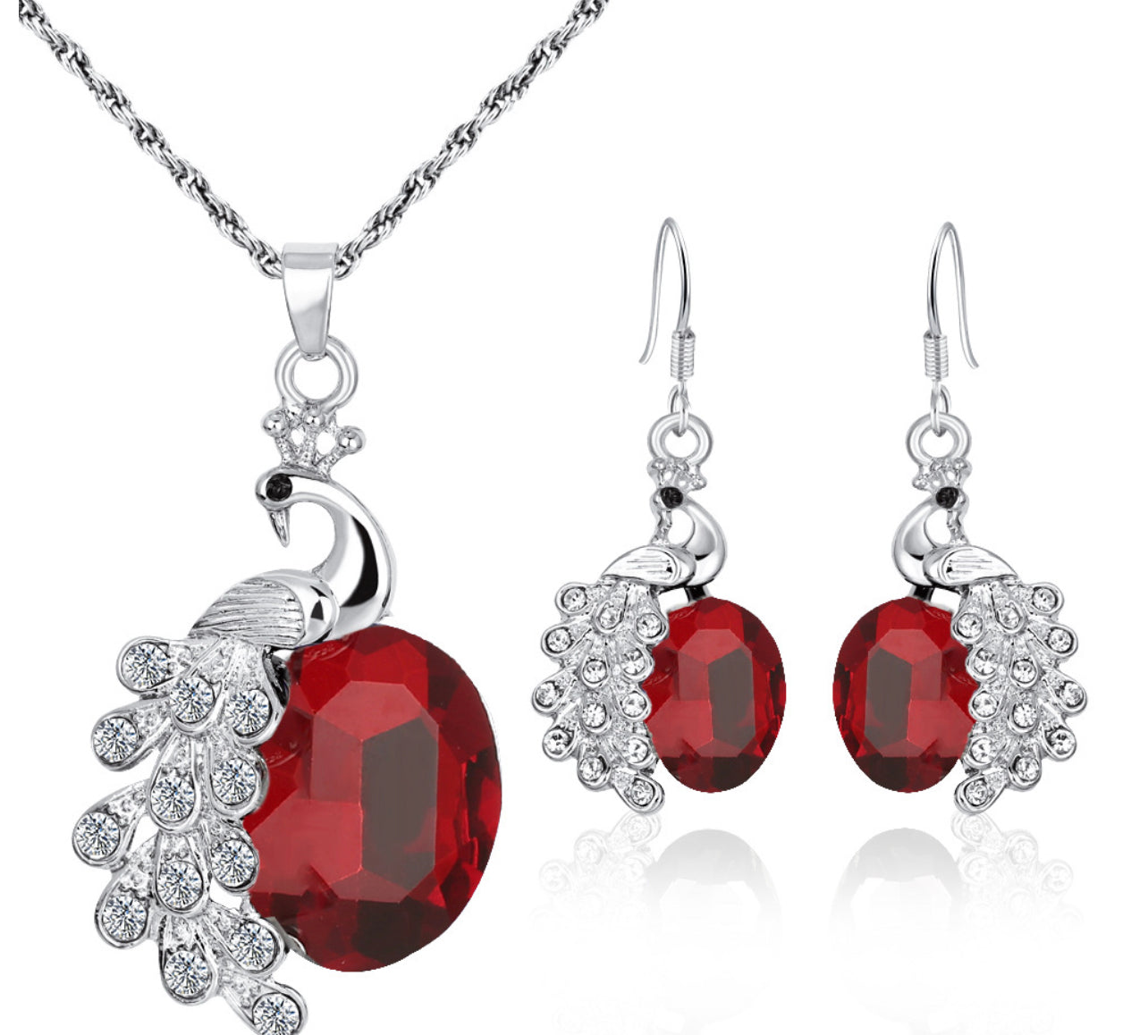 Ruby Red silver rhinestone crystal necklace earrings set engagement formal accessory bride princess jewelry