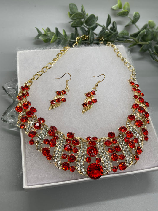 Red Gold Crystal rhinestone necklace earrings set wedding engagement formal accessory