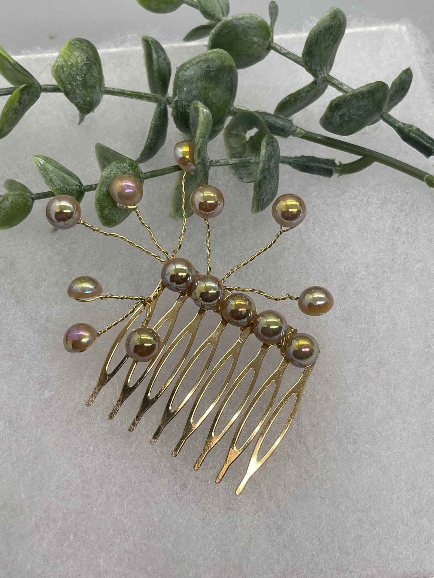 Gold iridescent faux pearl 2.0” gold tone bridal side Comb accents vine handmade by hairdazzzel wedding accessory bride princess