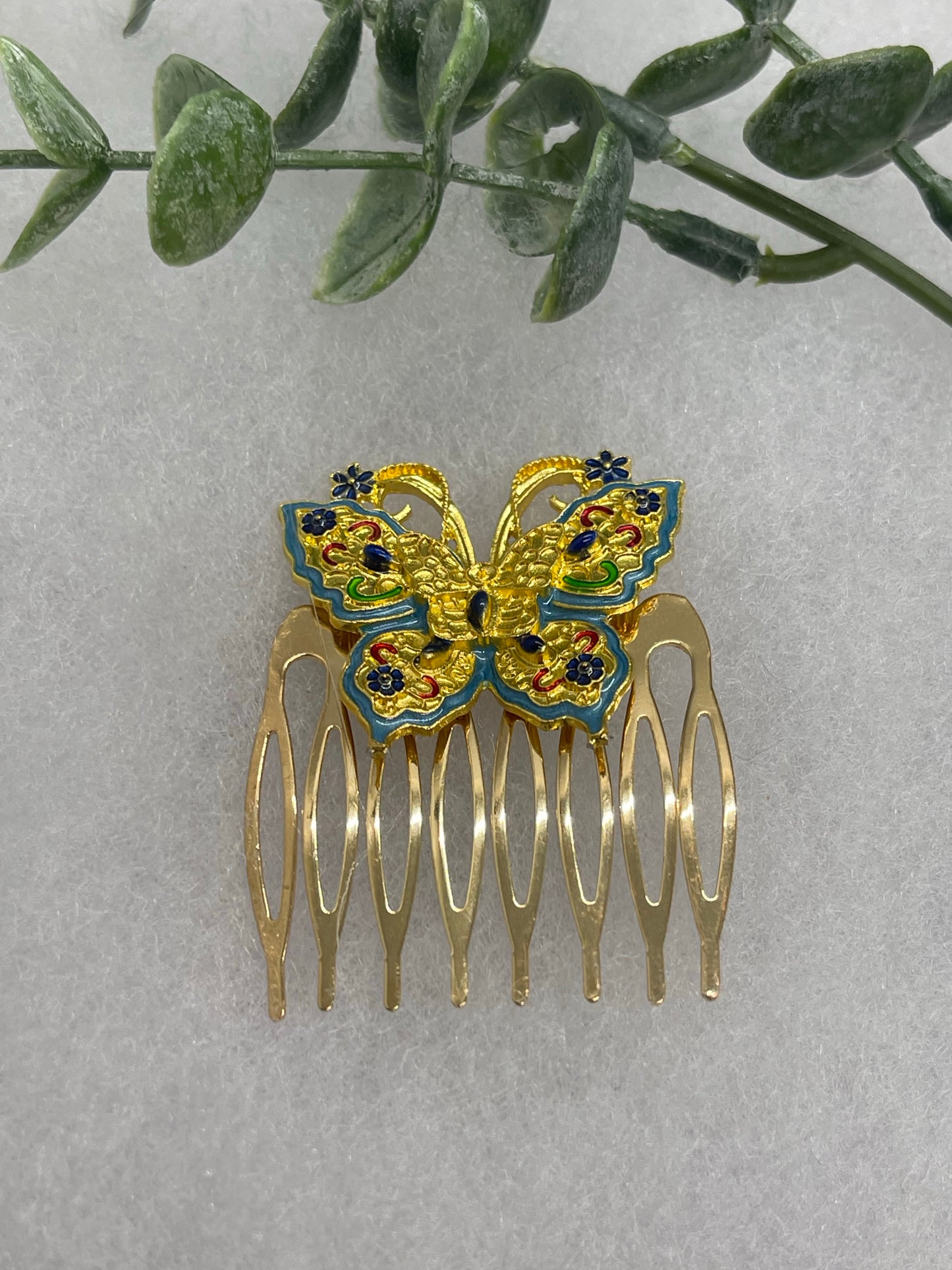 Gold Blue butterfly 2.0” gold tone bridal side Comb accents handmade by hairdazzzel wedding accessory bride princess gifts Shower hair accessory