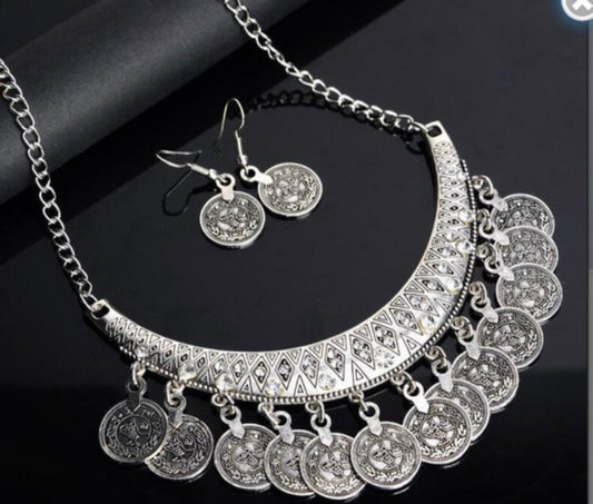 Silver coins necklace earrings set with rhinestone crystal free gift Box included