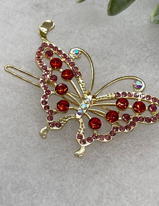 Red gold butterfly Crystal Rhinestone Barrette approximately 3.5”Metal gold tone formal hair accessory