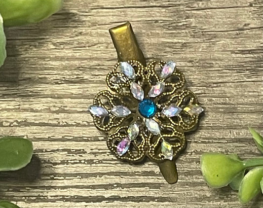 Sapphire teal iridescent Crystal vintage antique style flower hair alligator clip approximately 2.0”long  Handmade hair accessory bridal wedding Retro Bridal Party Prom Birthday gifts
