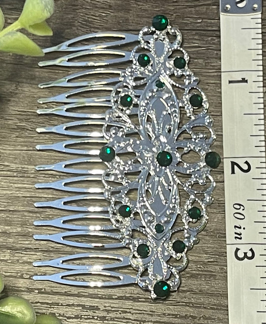 Emerald green crystal rhinestone Comb on 3.5” silver Metal Hair Comb accessory Handmade Retro Bridal Party Prom