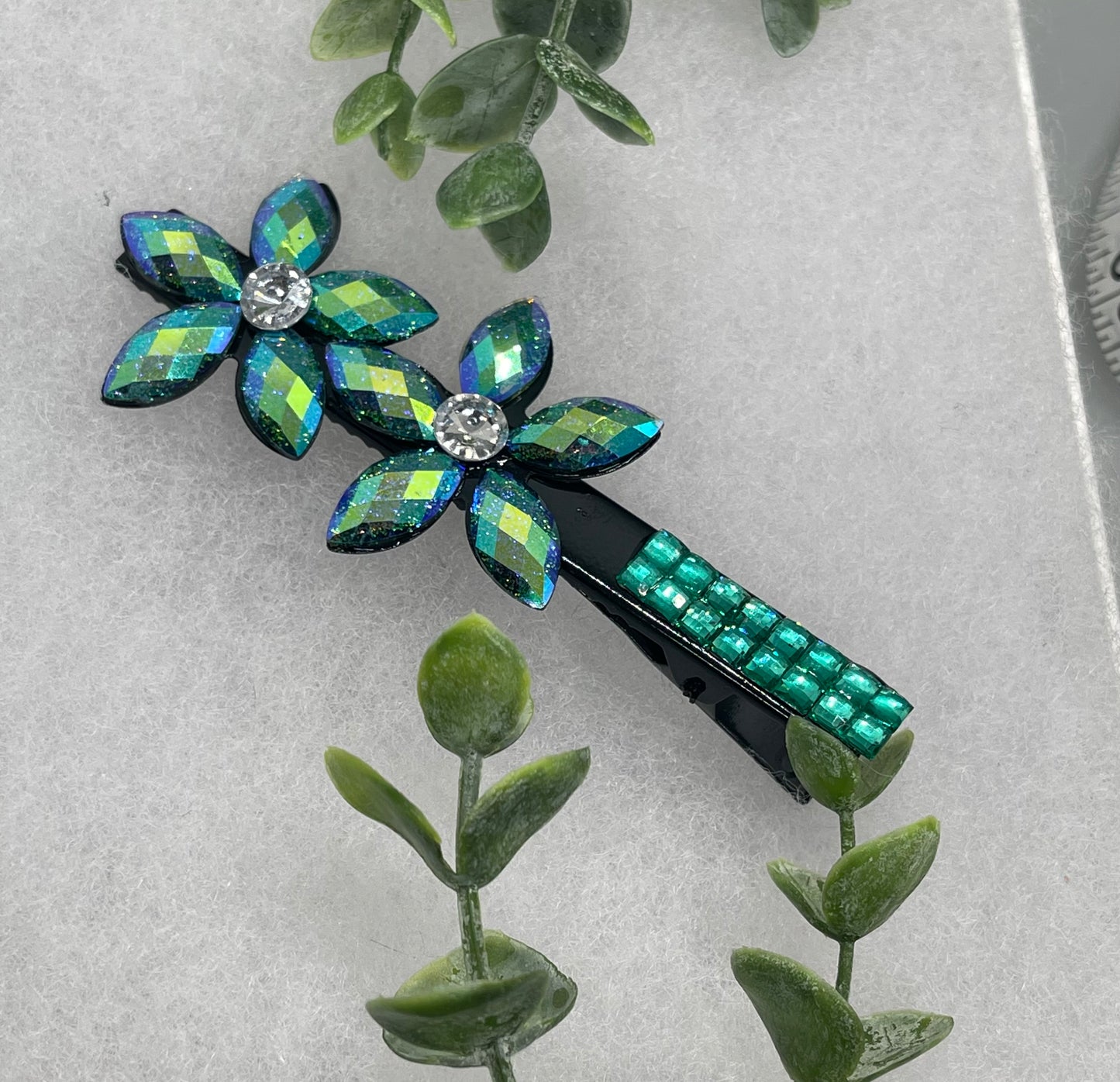 Green teal Iridescent Crystal flower hair clip approximately 4.0” black tone formal hair accessory gift wedding bridal engagement