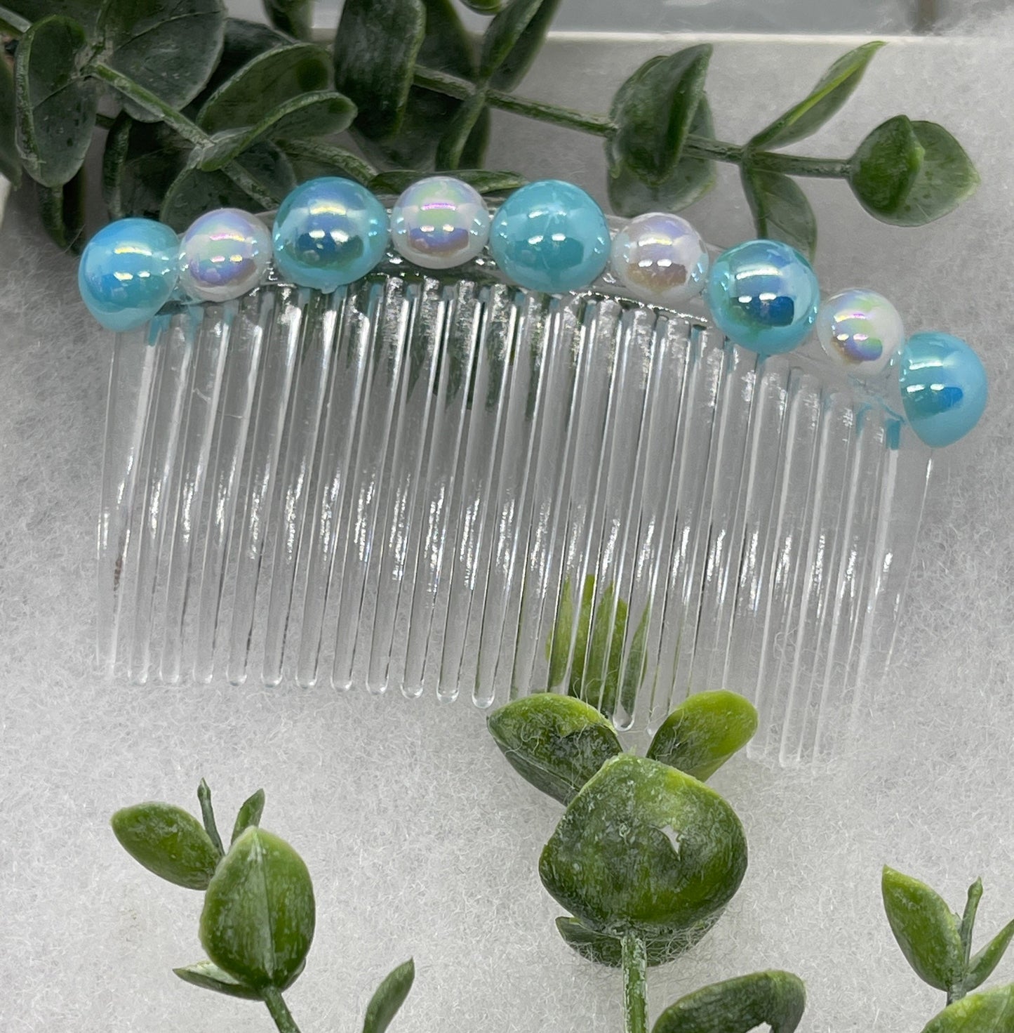 Iridescent light blue  white faux pearl side comb 3.0” clear  plastic hair accessory bridal wedding Retro Bridal Party Prom Birthday gifts