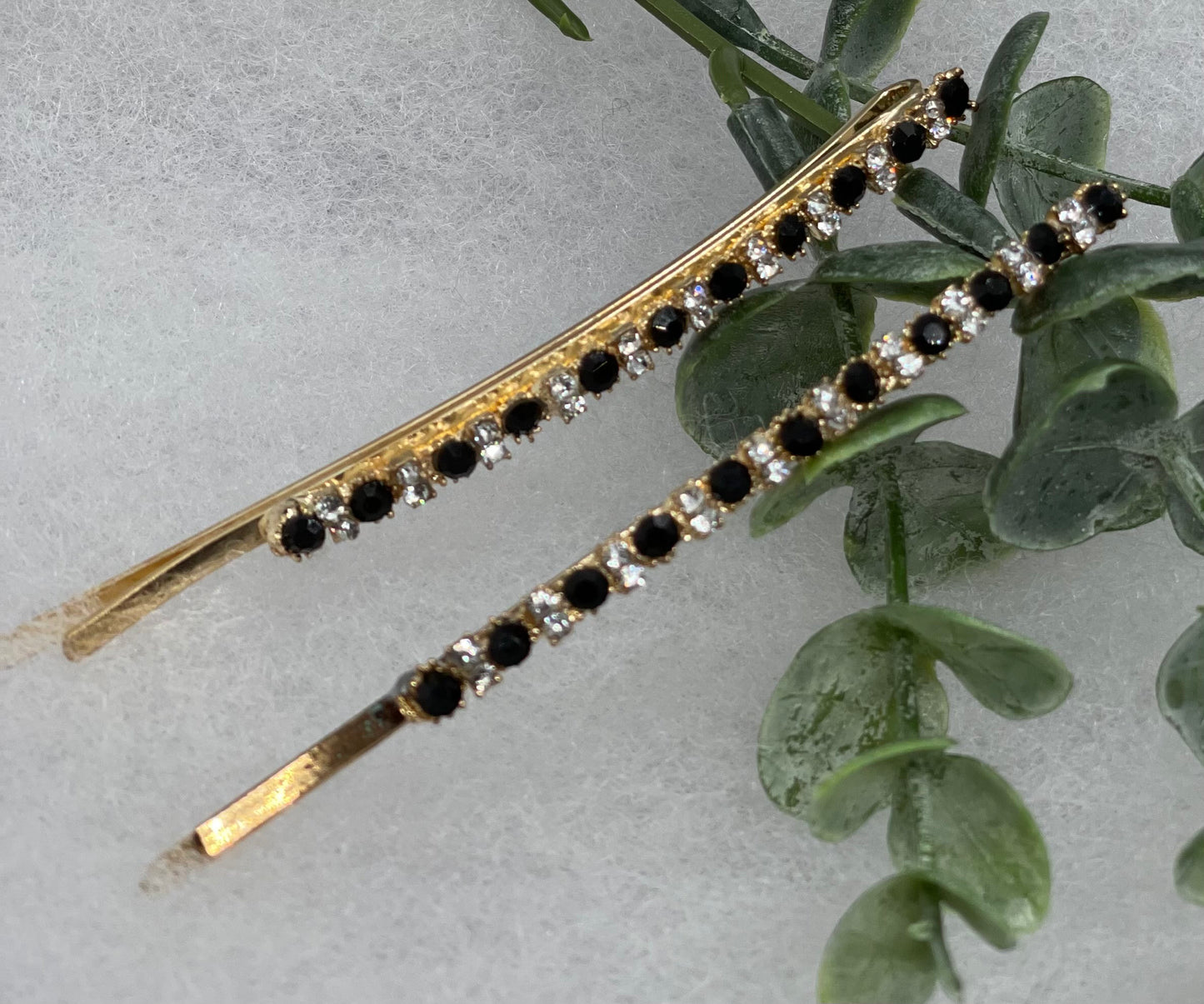 Black crystal rhinestone approximately 3.5” large gold tone hair pins 2 pc set wedding bridal shower engagement formal princess accessory accessories