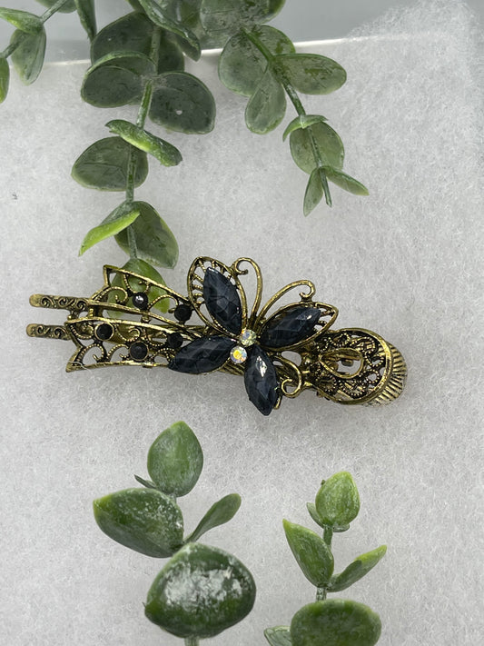 Black antique vintage crystal rhinestone butterfly alligator clip approximately 3.0” antique tone formal hair accessory wedding bridal