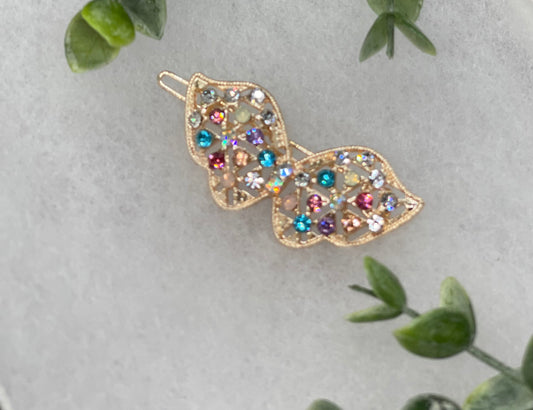 Rainbow  butterfly crystal rhinestone  approximately 2.0” barrette Gold vintage style bridal Wedding shower sweet 16