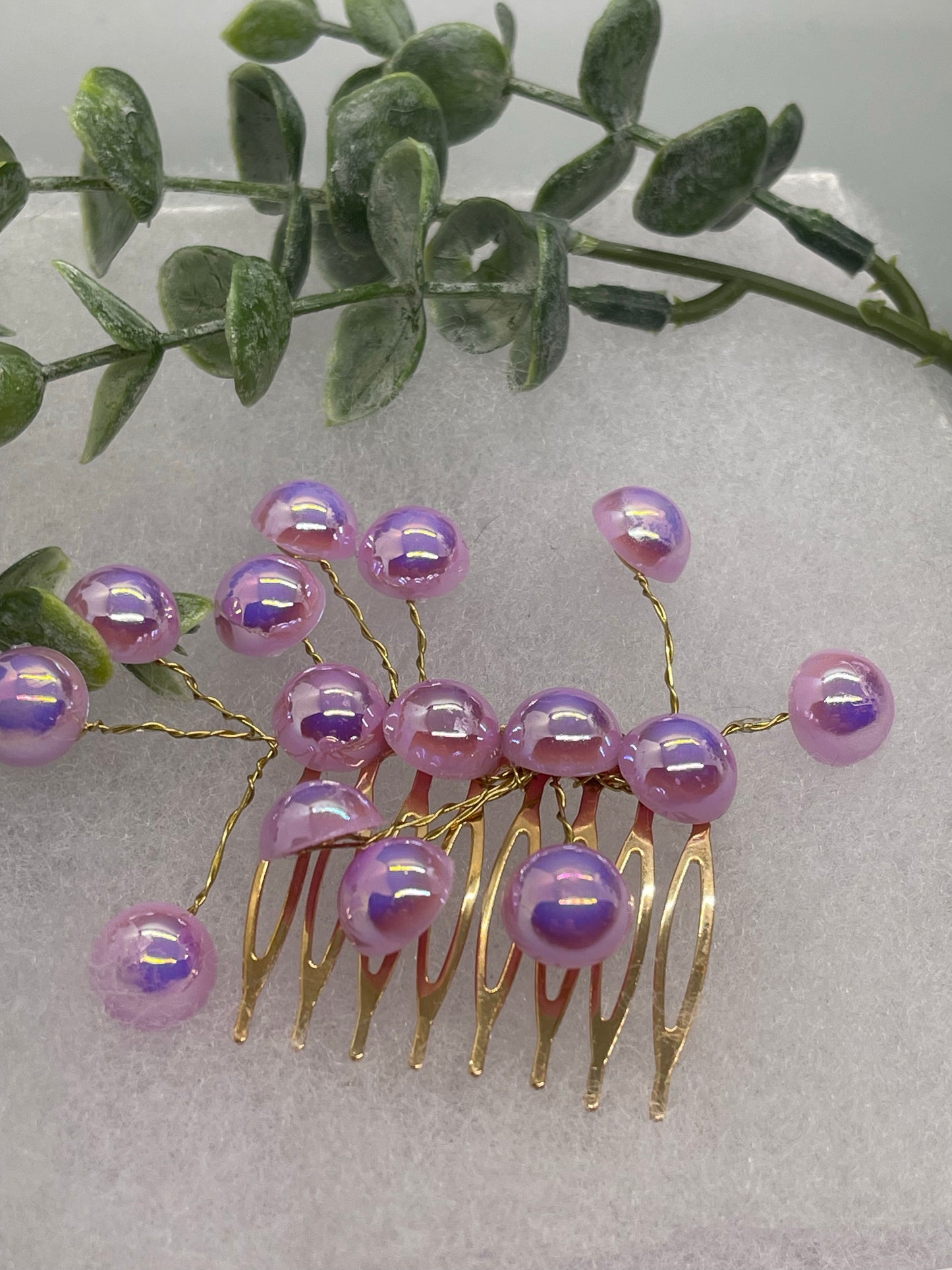 Lavender  faux Pearl 2.0” gold tone bridal side Comb accents vine handmade by hairdazzzel wedding accessory bride princess gifts