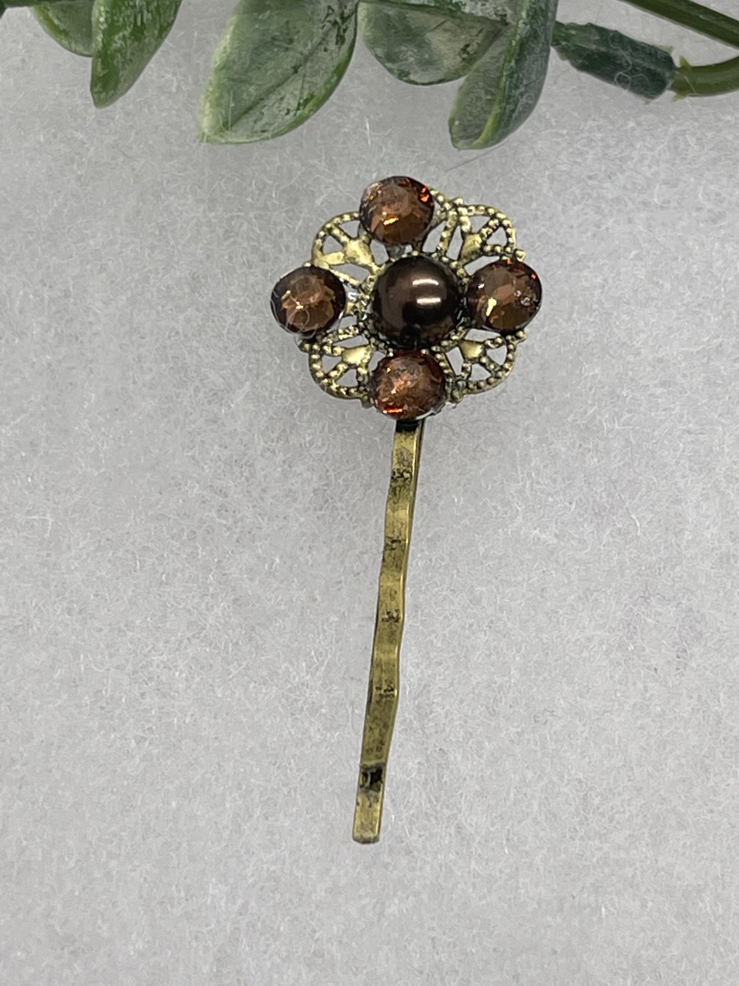 Brown crystal faux pearl Antique vintage Style approximately 2.5” flower hair pin wedding engagement bride princess formal hair accessory