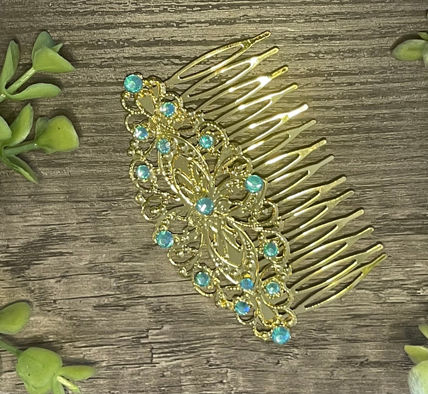 Aqua crystal rhinestone Comb on 3.5” antique Metal Hair Comb accessory Handmade Retro Bridal Prom birthday