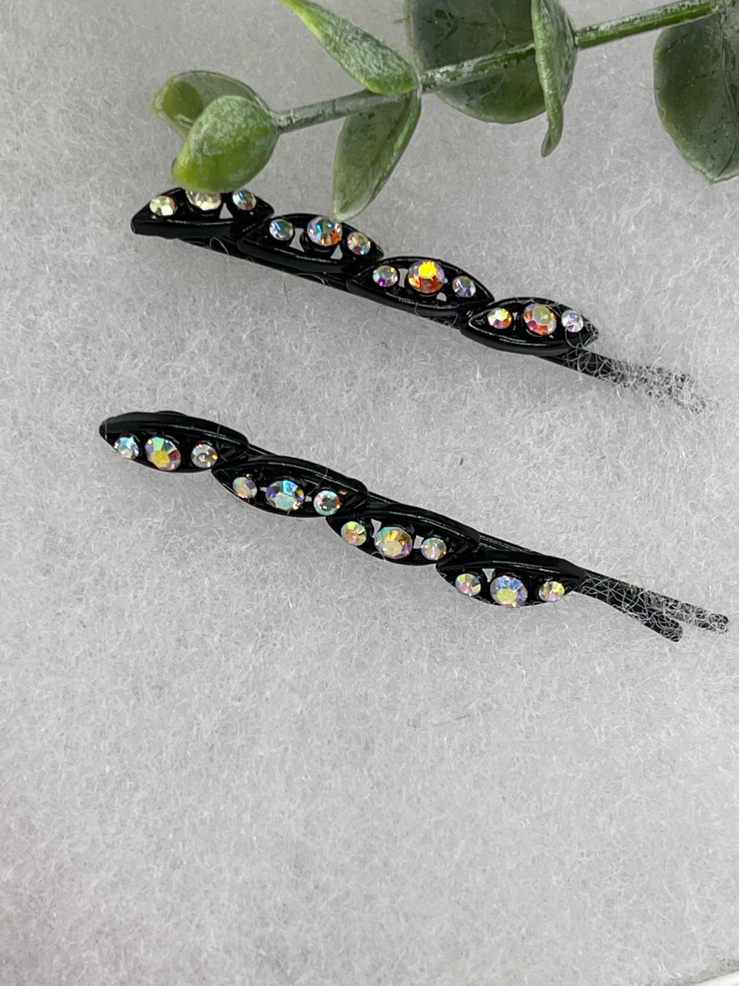 Iridescent crystal rhinestone approximately 2.5” black tone hair pins 2 pc set wedding bridal shower engagement formal princess accessory accessories