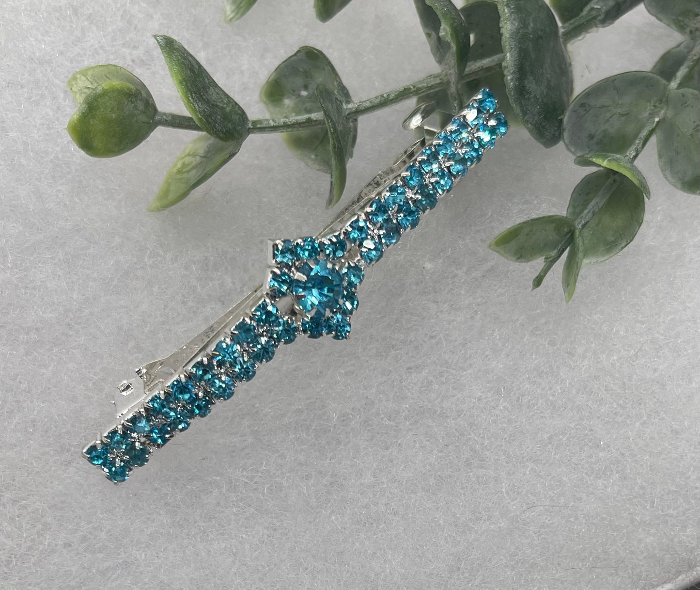 Teal Crystal Rhinestone Barrette approximately 3.0”Metal silver tone formal hair accessory gift wedding bridal shower accessories
