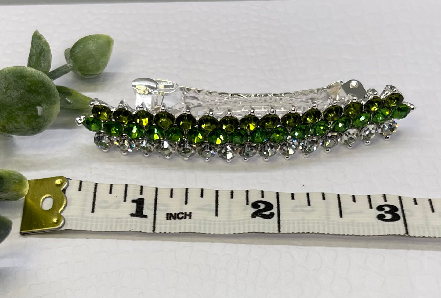 Green Crystal rhinestone barrette approximately 3.0” silver tone formal hair accessories gift wedding bridesmaid