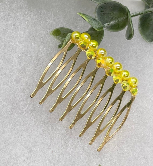 Yellow Crystal rhinestone hair comb accessory side  Comb 2.0” Metal side Comb