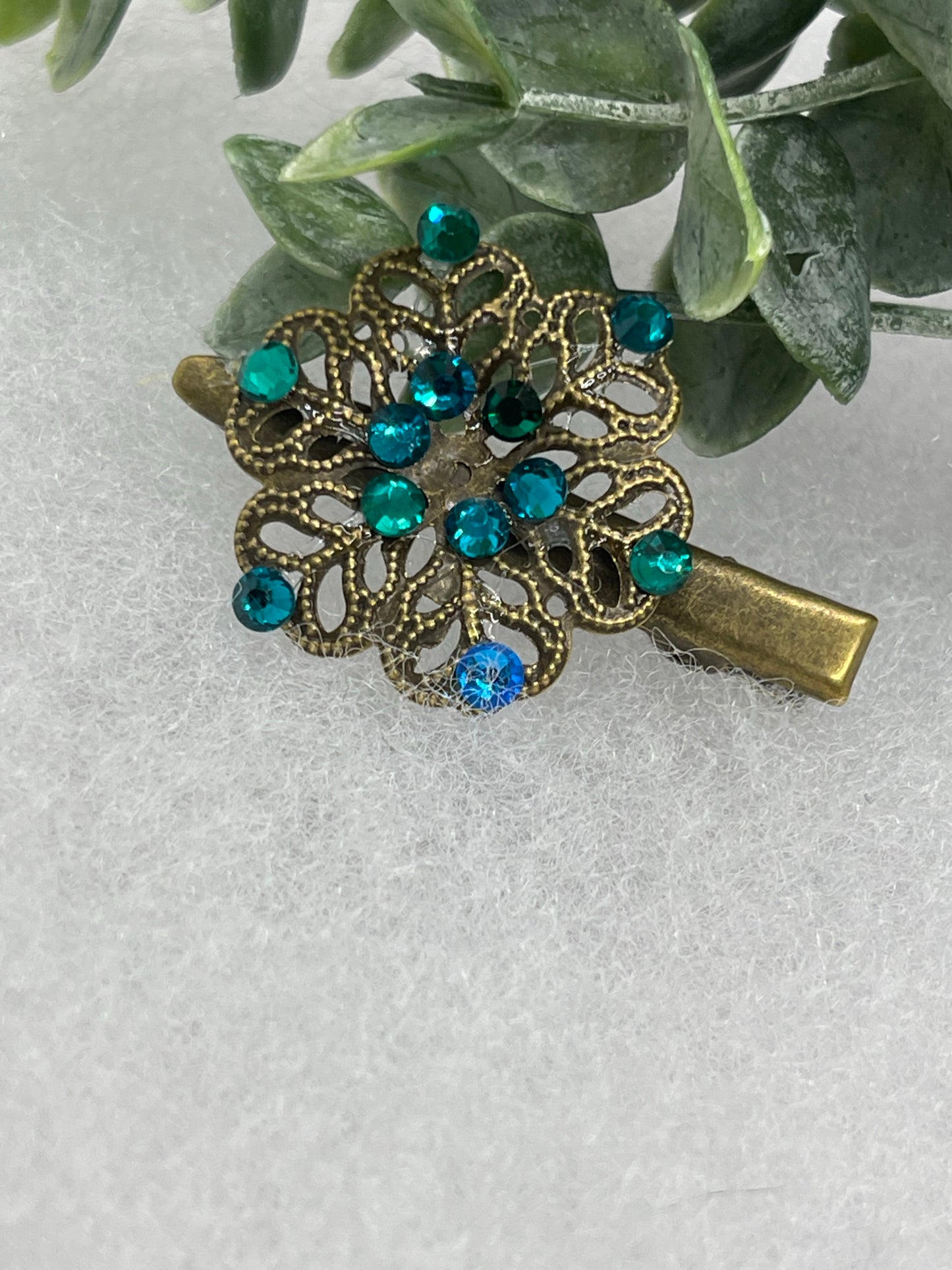 Teal blue Crystal vintage antique style flower hair alligator clip approximately 2.0” long Handmade hair accessory bridal wedding Retro