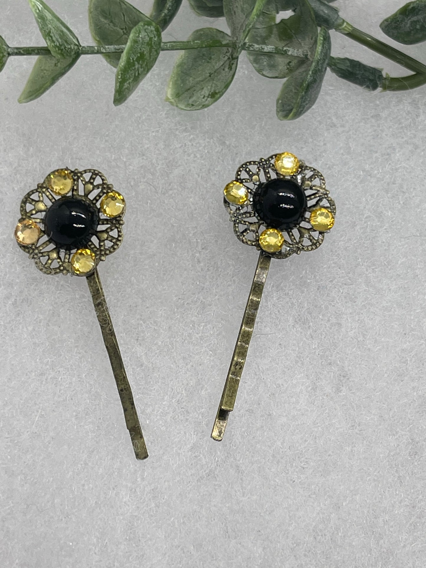 Black Gold crystal faux pearl 2 pc set Antique vintage Style approximately 3.0” flower hair pin wedding engagement