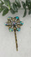 Teal crystal iridescent Antique vintage Style approximately 3.0” flower hair pin wedding engagement bride princess formal hair accessory