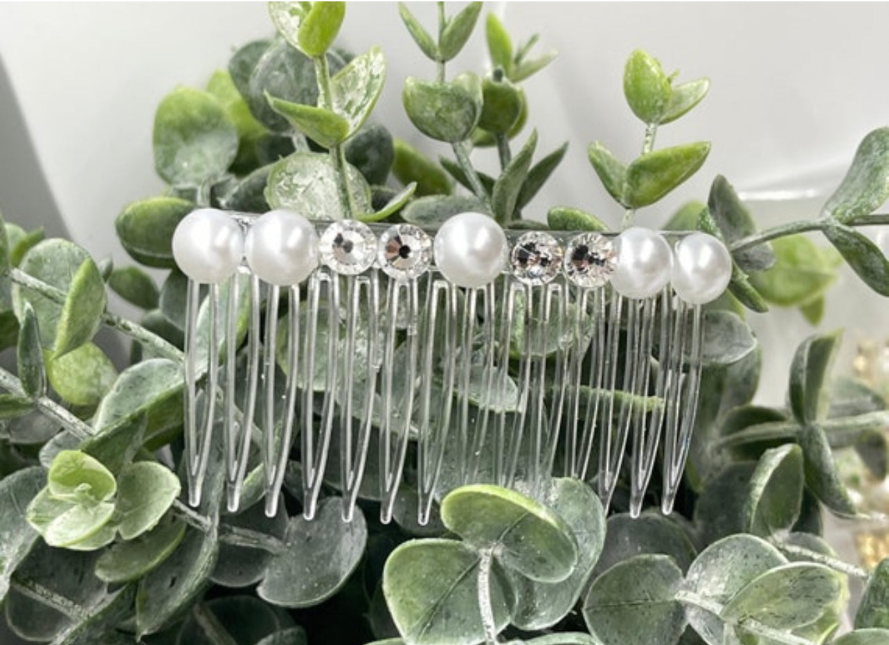 White bridal crystal Rhinestone Pearl hair comb accessory side Comb 3.5” clear plastic side Comb #004