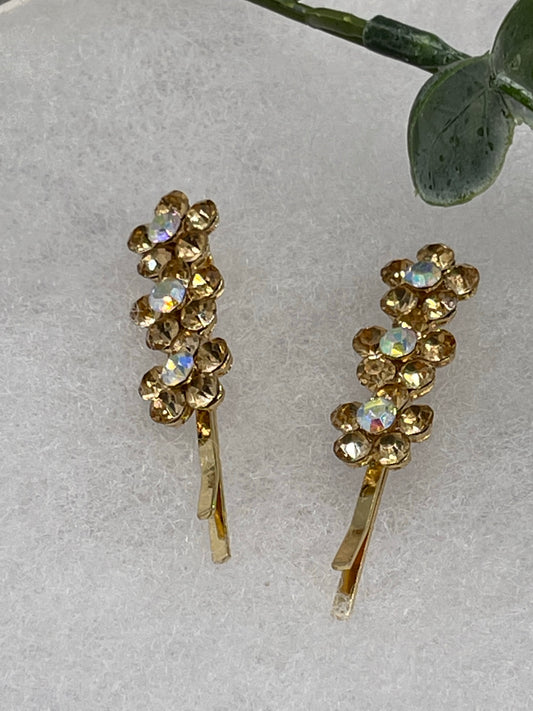 Gold crystal rhinestone flowers approximately 2.0” gold tone hair pins 2 pc set wedding bridal shower engagement formal princess accessory accessories