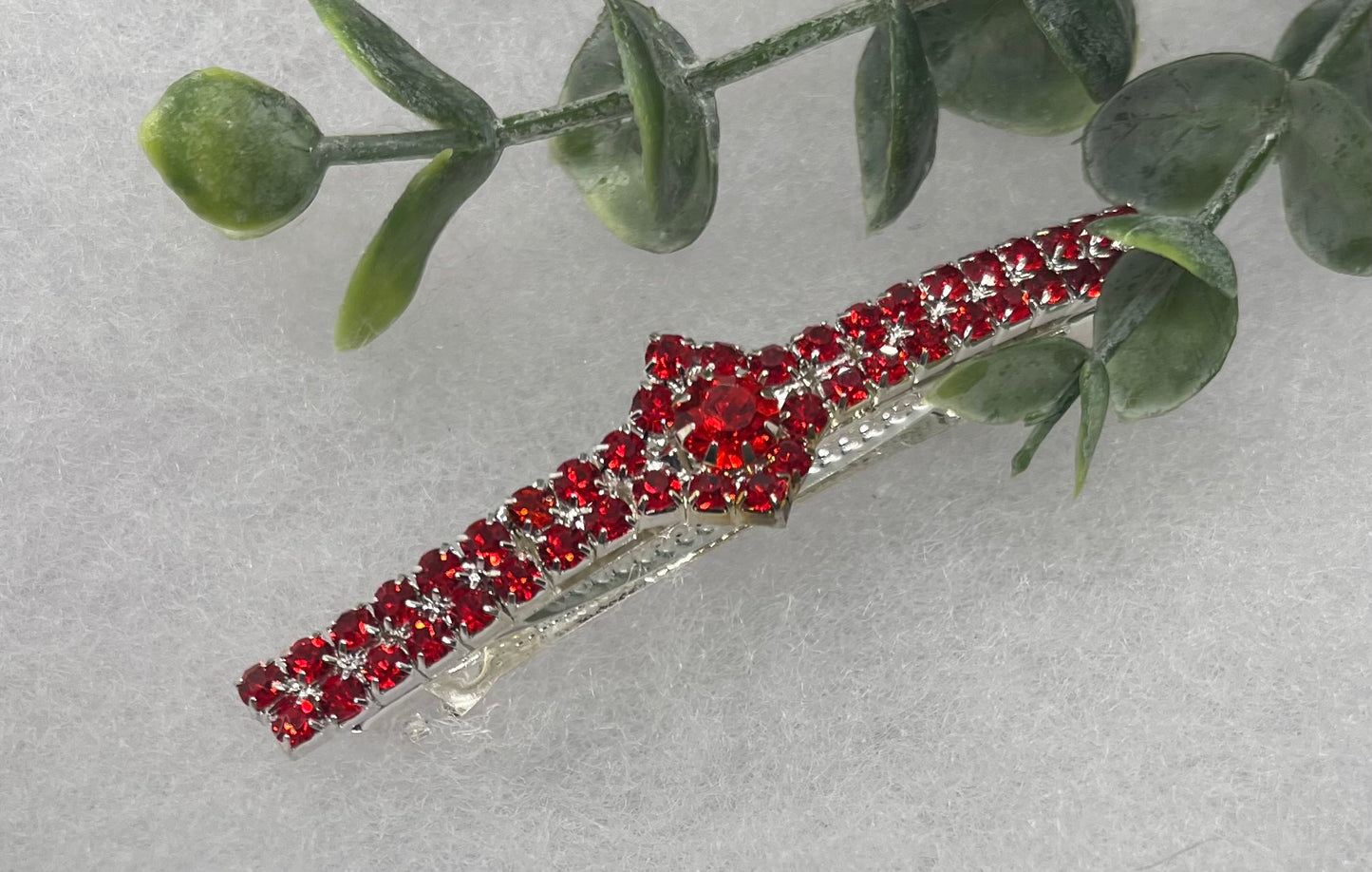 Red Crystal Rhinestone Barrette approximately 3.0”Metal silver tone formal hair accessory gift wedding bridal shower accessories