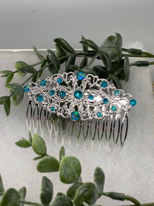 iridescent teal crystal vintage style silver tone side comb hair accessory accessories gift birthday event formal bridesmaid wedding