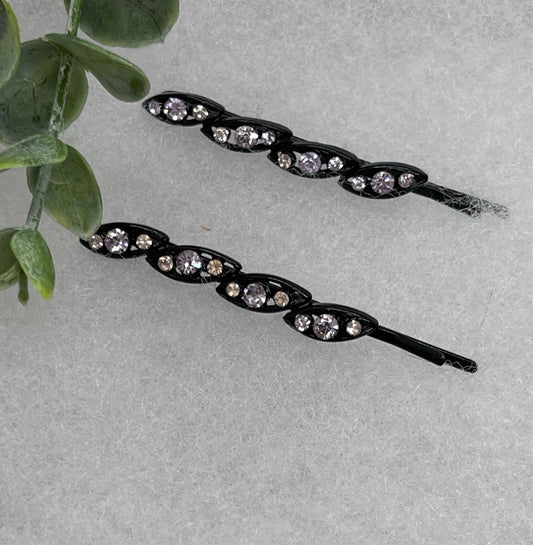 Light pink crystal rhinestone approximately 2.5” black tone hair pins 2 pc set wedding bridal shower engagement formal princess accessory accessories