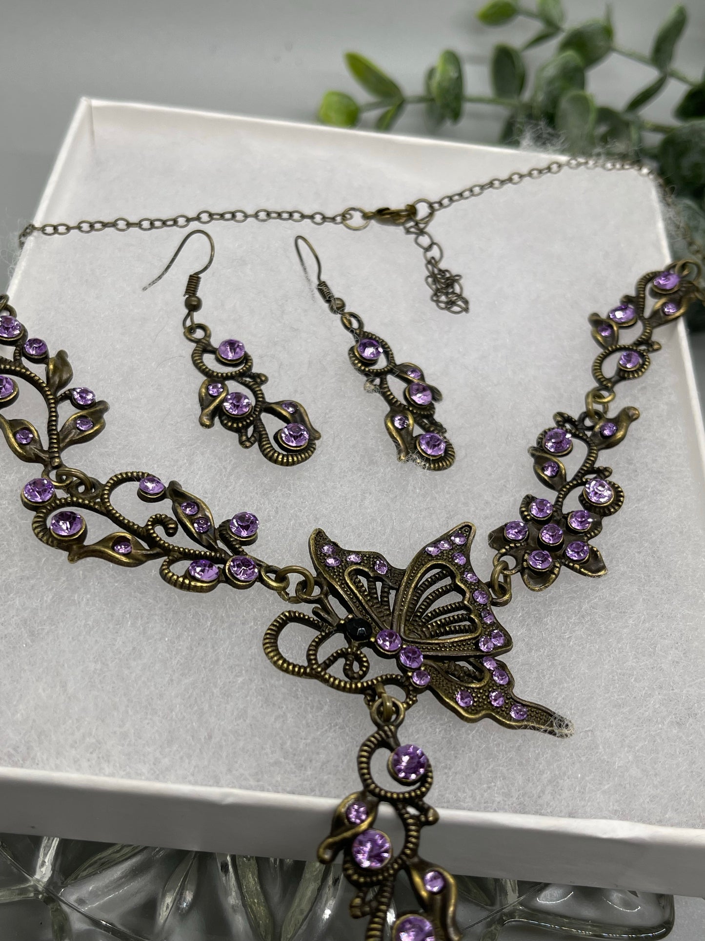 Lavender purple rhinestone crystal necklace earrings set Rhinestone Jewelry Sets earring necklace wedding engagement formal party Prom
