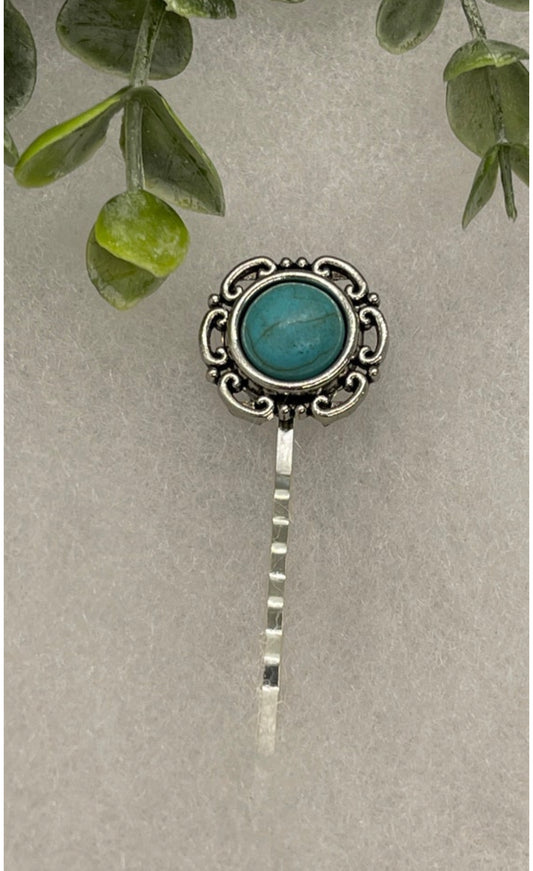 Turquoise silver vintage antique style hair pin approximately 2.5” long Handmade hair accessory bridal wedding