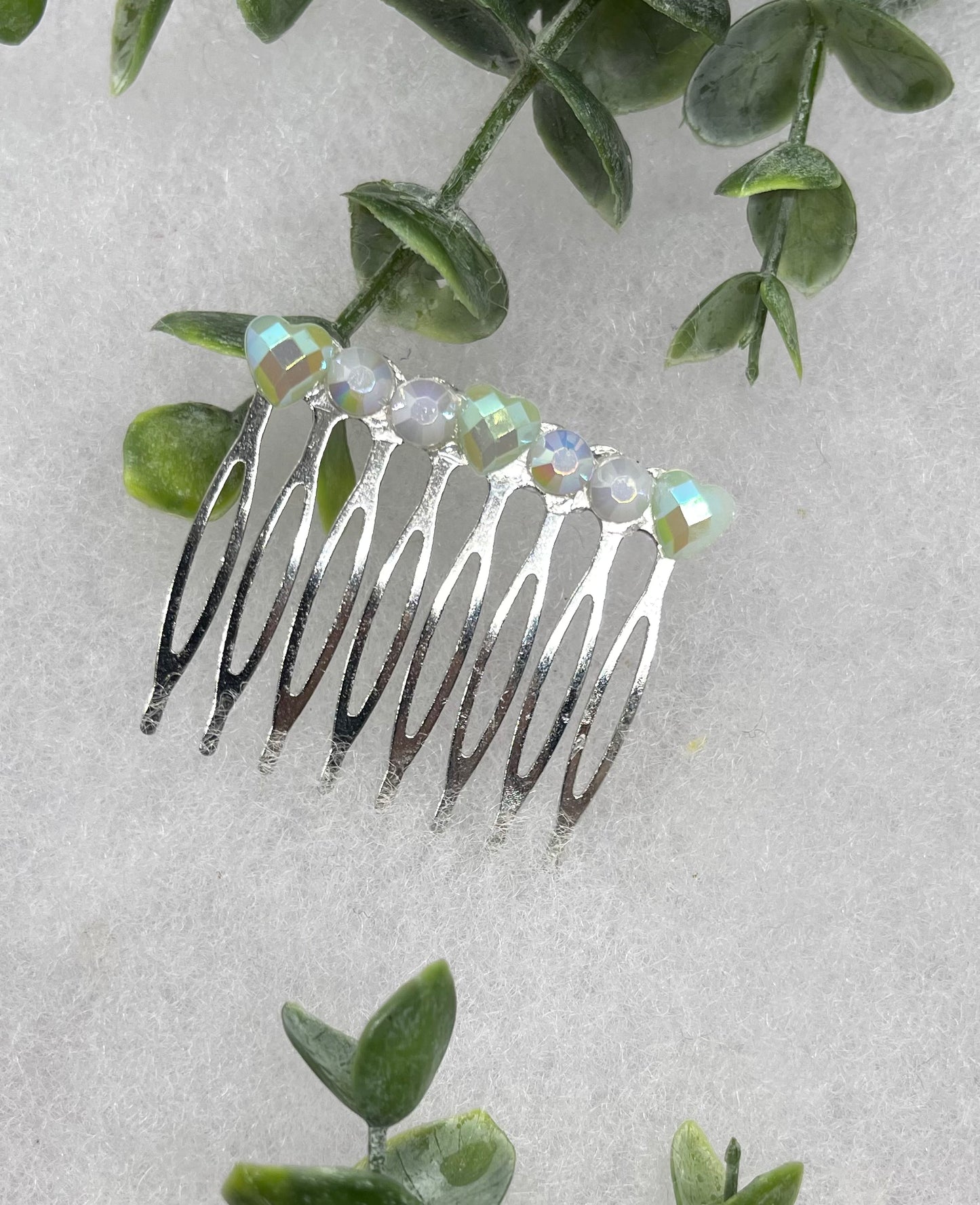 Heart iridescent faux Crystal Rhinestone 2.0” silver tone Metal side Comb bridal accents handmade by hairdazzzel wedding accessory