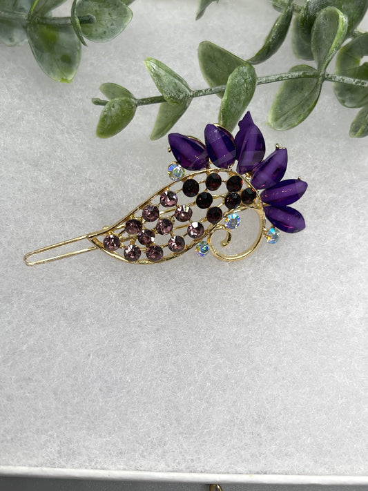 Purple Crystal Rhinestone peacock hair clip approximately 3.0”Metal gold tone formal hair accessory gift wedding bridal engagement