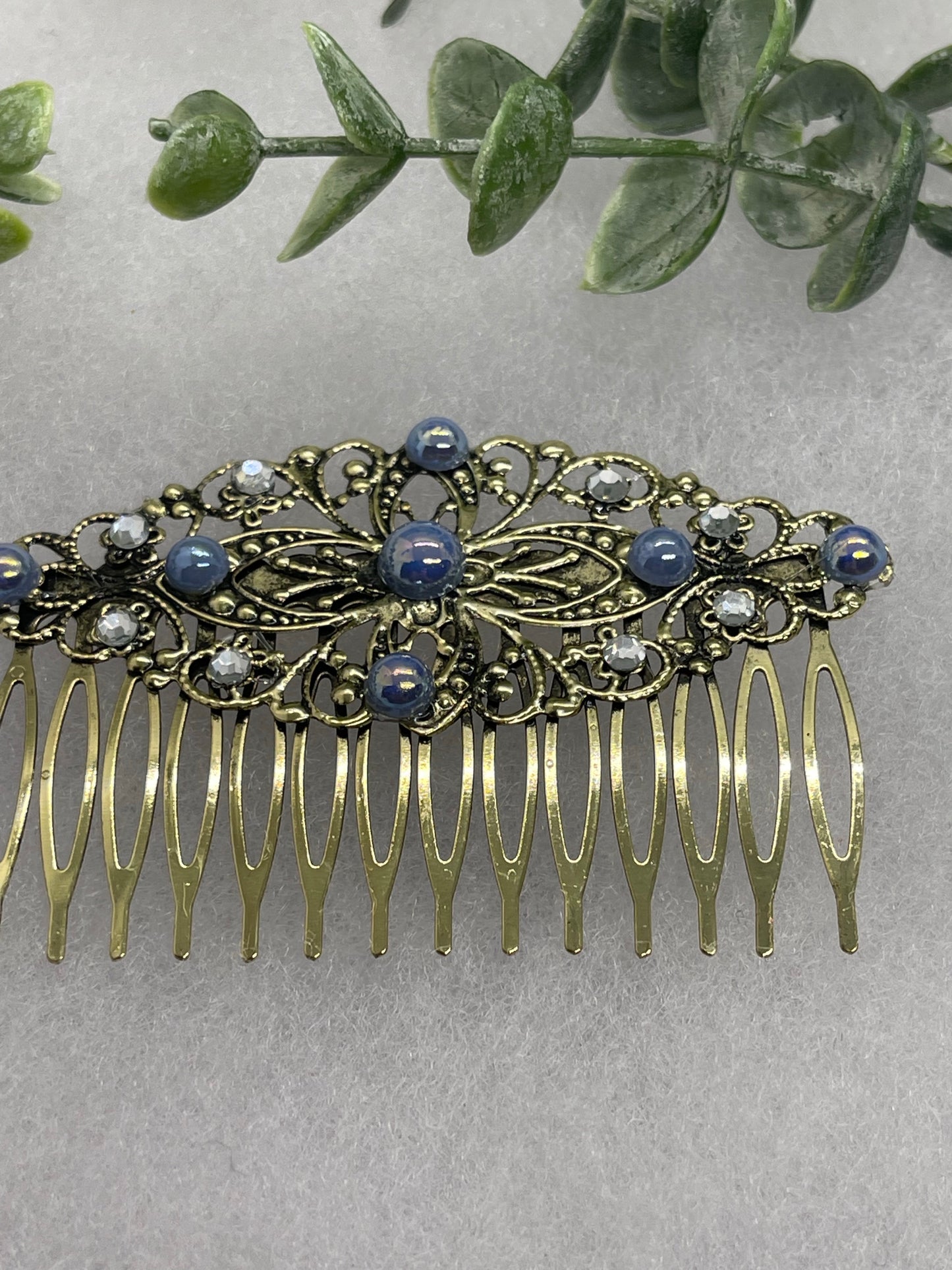 Blue iridescent crystal Pearl vintage style silver tone side comb hair accessory accessories gift birthday