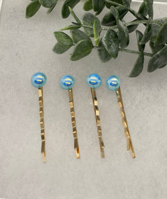 Baby Blue faux pearl 4 pc set Gold Antique vintage Style approximately 3.0” hair pin wedding engagement bride princess formal hair accessories