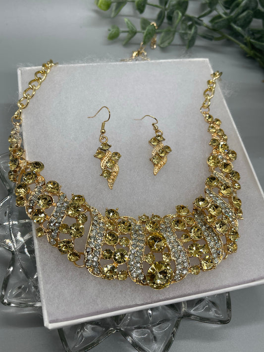 Gold Crystal rhinestone necklace earrings set wedding engagement formal accessory