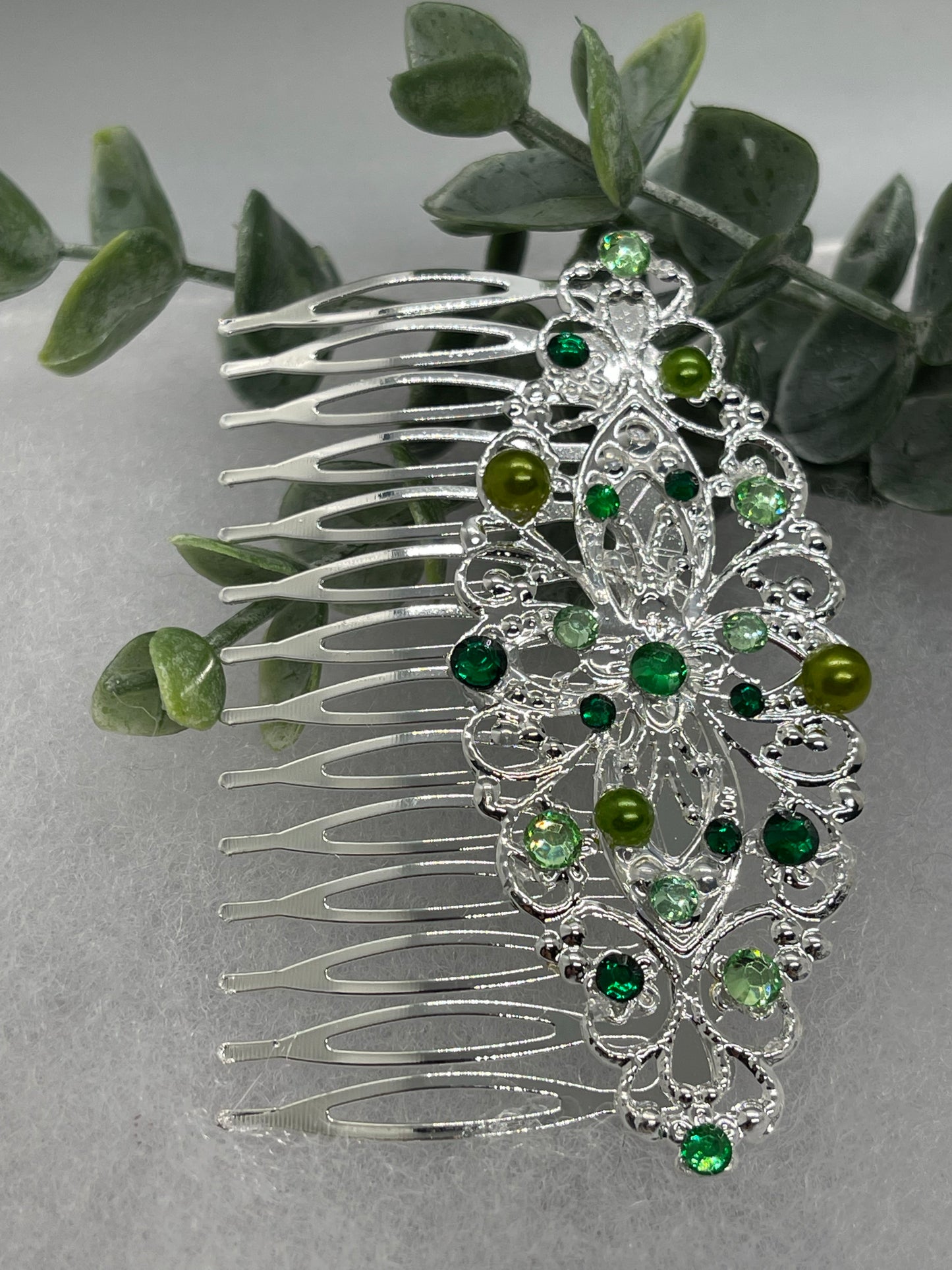 Green crystal rhinestone 3.5” silver side comb Antique vintage style bridal Wedding shower sweet 16 birthday princess bridesmaid hair accessory