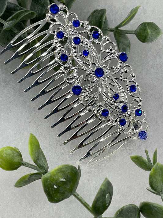 Royal Blue crystal Rhinestone 3.5”” silver side comb hair accessory wedding Retro Bridal Party Prom Birthday gifts sweet 16