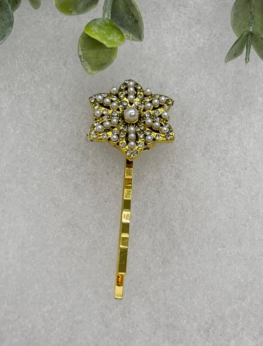 Gold Star Crystal Pearl flower vintage antique style hair pin approximately 2.5” long Handmade hair accessory bridal wedding Retro