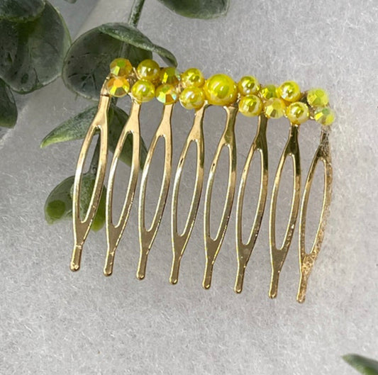 Yellow Crystal rhinestone hair comb accessory side  Comb 2.0” Metal side Comb