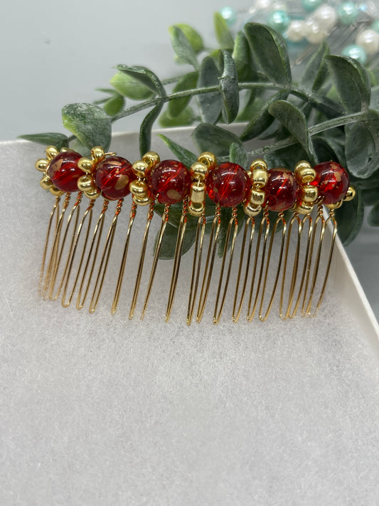Marble Red gold beaded side Comb 3.5” gold Metal hair Accessories bridesmaid birthday princess wedding gift handmade accessories