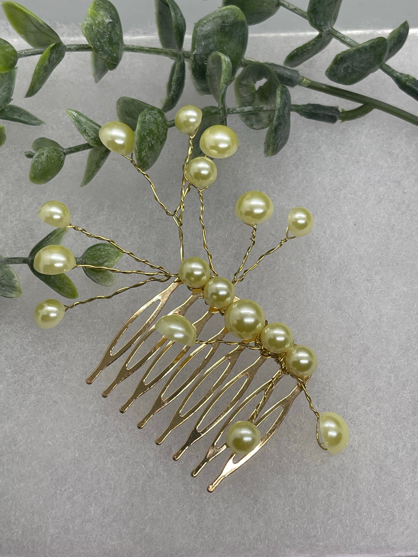 Yellow faux Pearl 2.0” gold tone bridal side Comb accents vine handmade by hairdazzzel wedding accessory bride