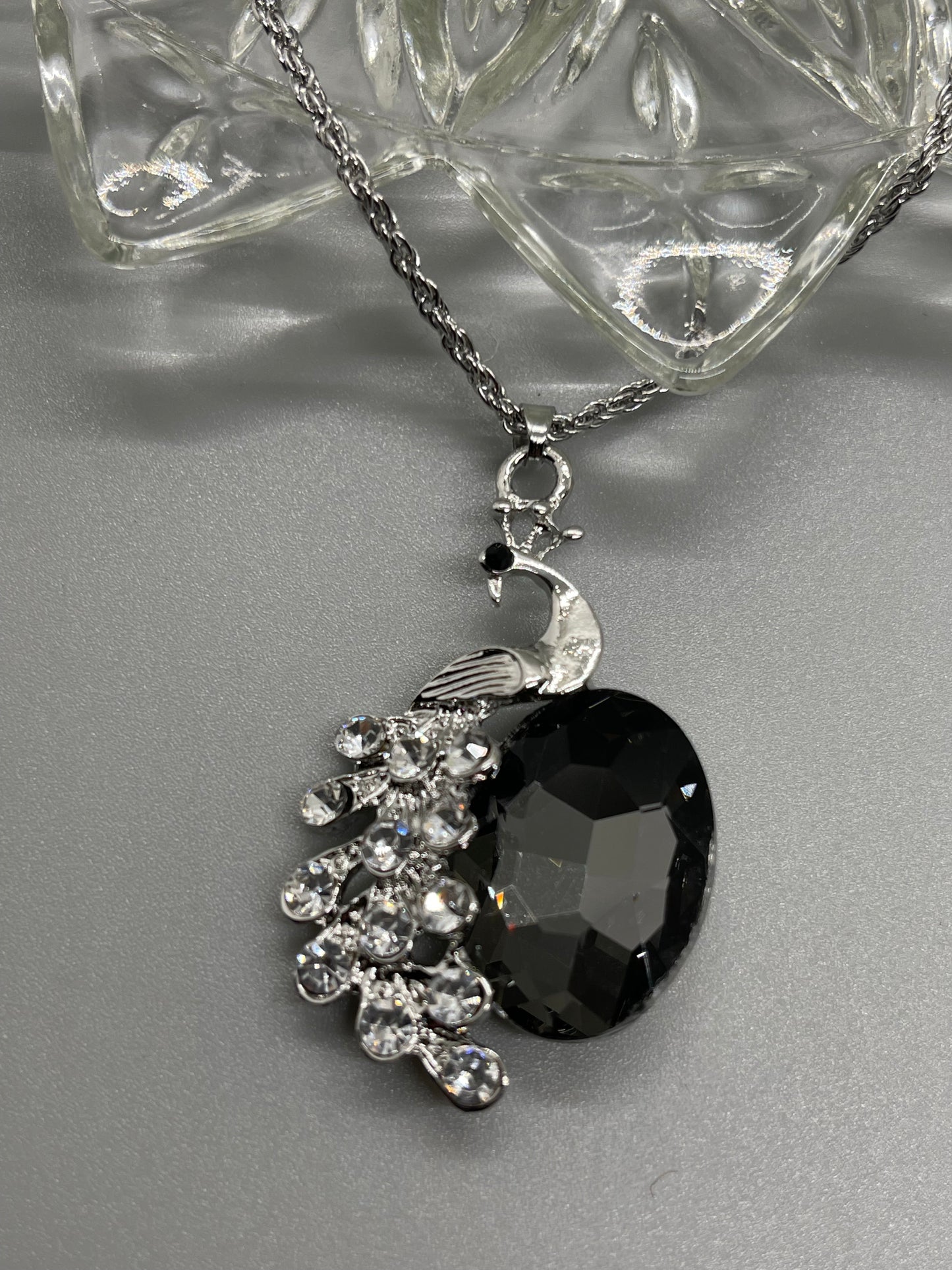 Black crystal rhinestone peacock silver necklace earrings set