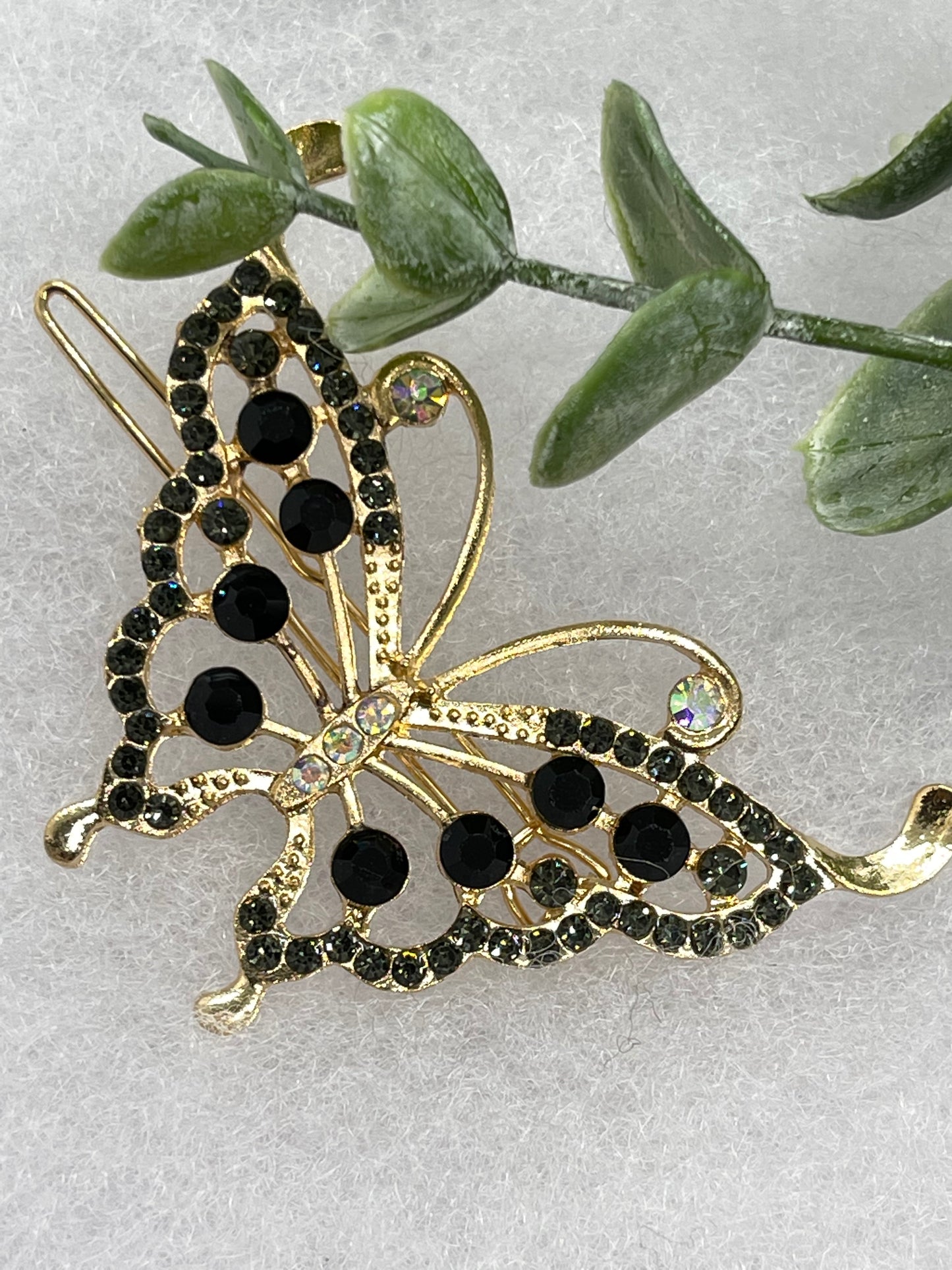 Black gold butterfly Crystal Rhinestone Barrette approximately 3.5”Metal gold tone formal hair accessory