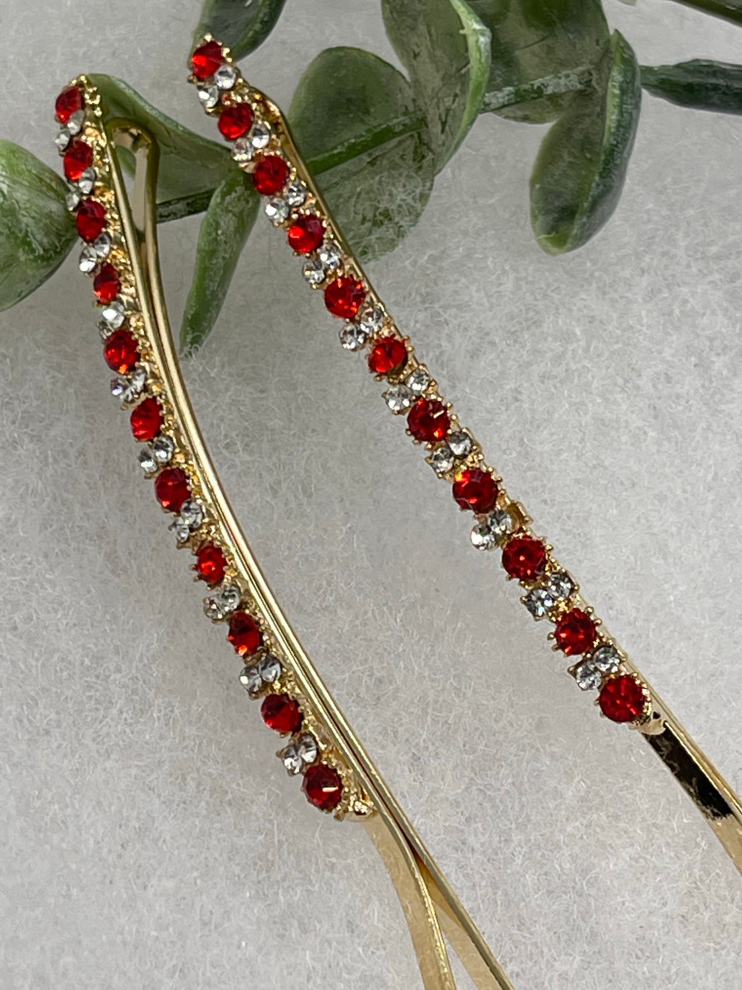 Red crystal rhinestone approximately 3.5” large gold tone hair pins 2 pc set wedding bridal shower engagement formal princess accessory accessories